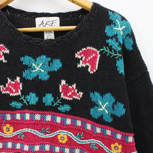 Vintage AKF Knit Sweater Womens Black Pullover Floral Embroidered Heavyweight M - Picture 2 of 9